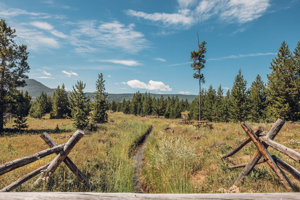 A wooden fence in the middle of a grassy field.