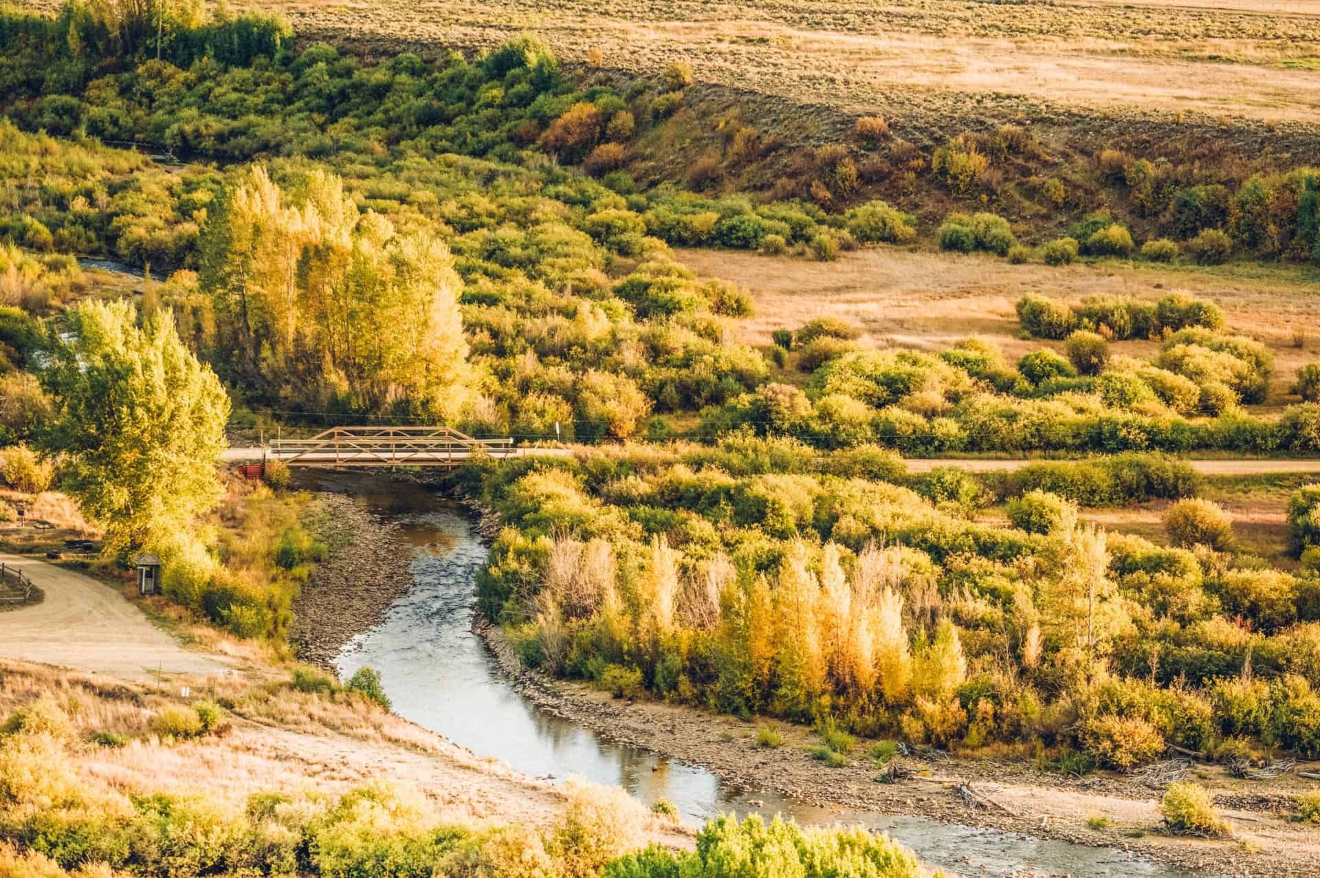 An aerial view of a river in a valley.