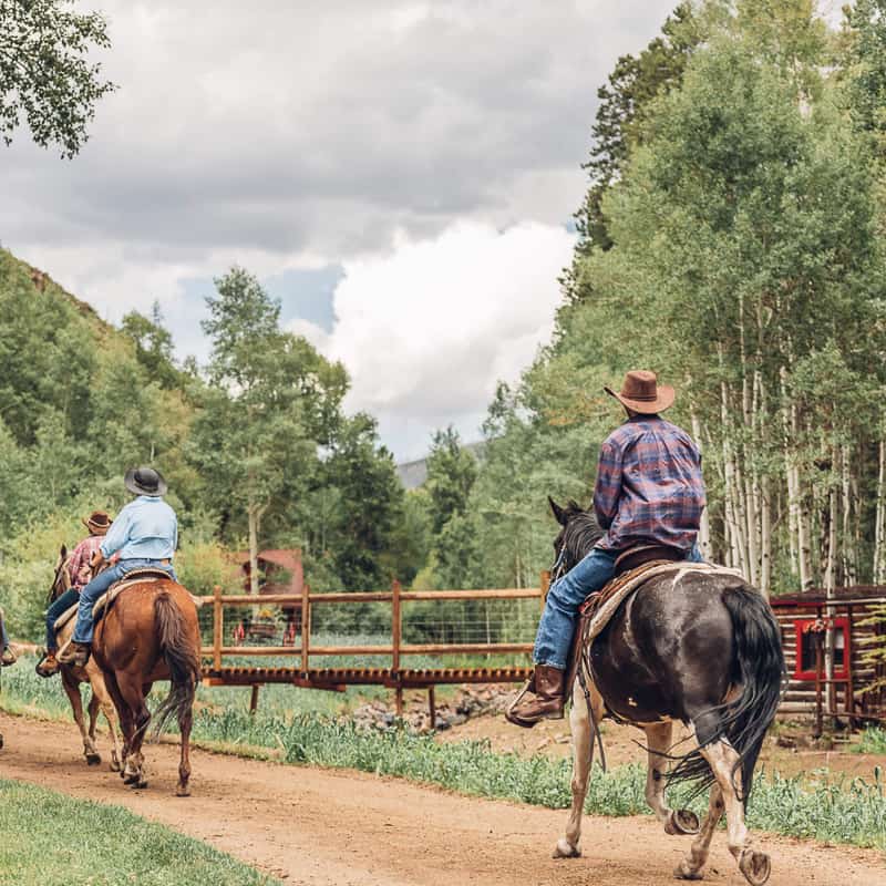 A group of people riding horses on a dirt path.