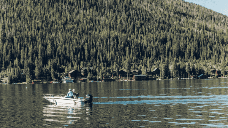 A small boat on a lake with trees in the background.