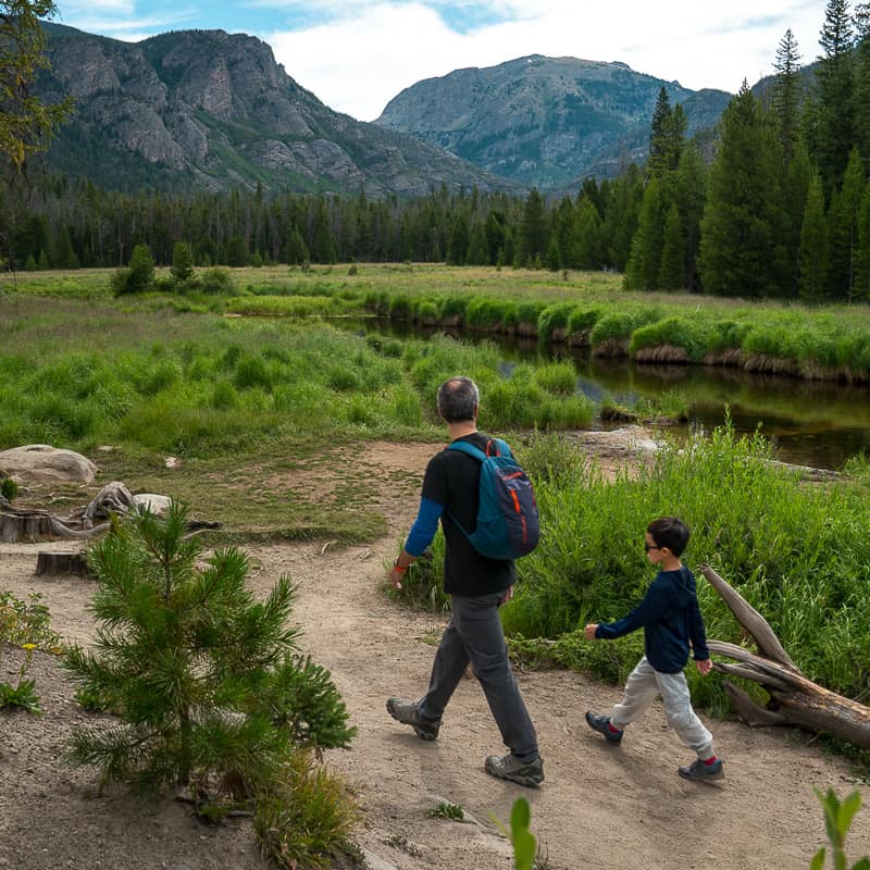 A man and a child walking down a trail in the mountains.