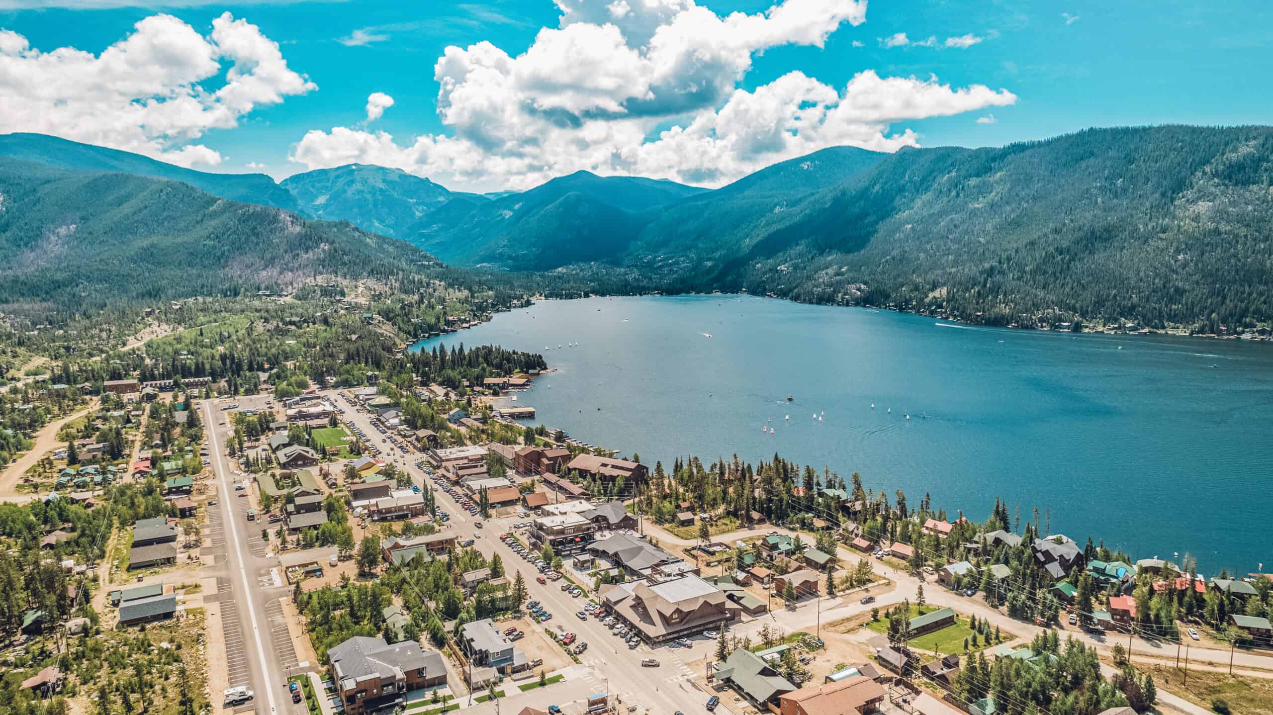 Aerial view of Grand Lake and the town from above.