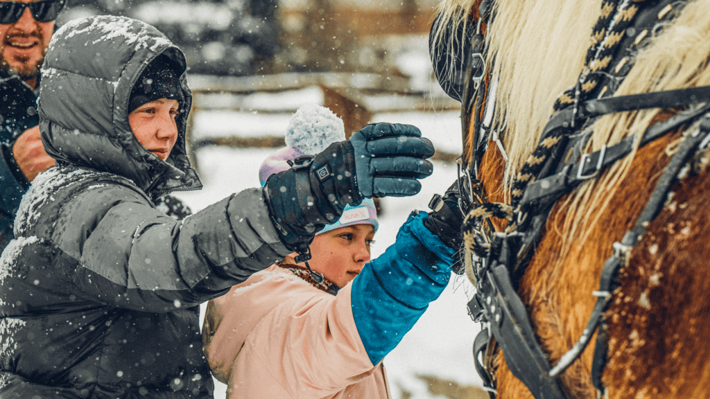 A child is petting a horse in the snow.