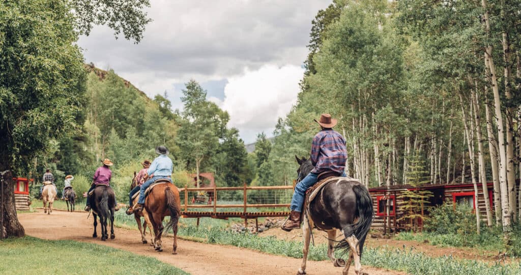 A group of people riding horses down a path in a wooded area.