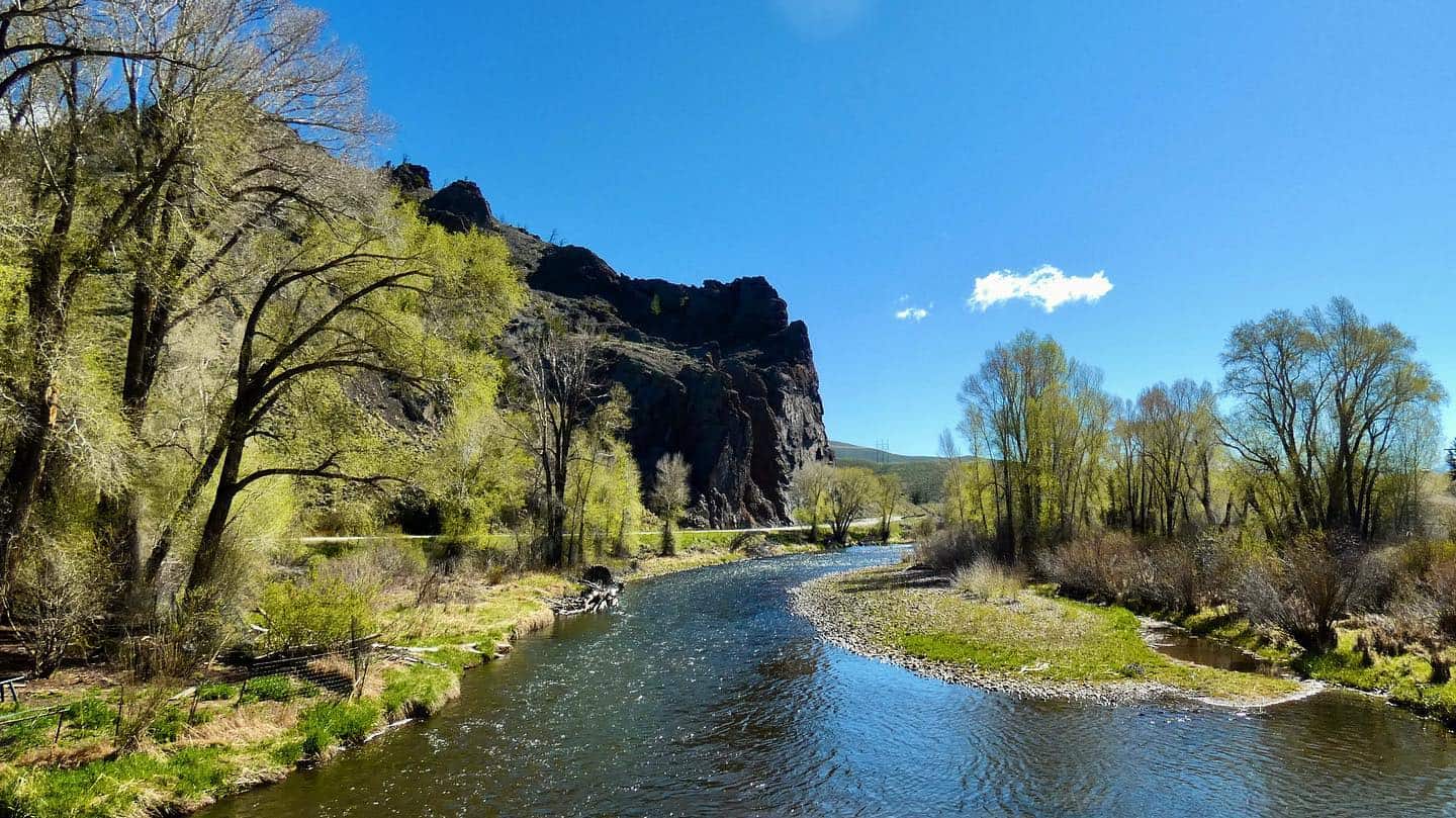 A river surrounded by trees and mountains.