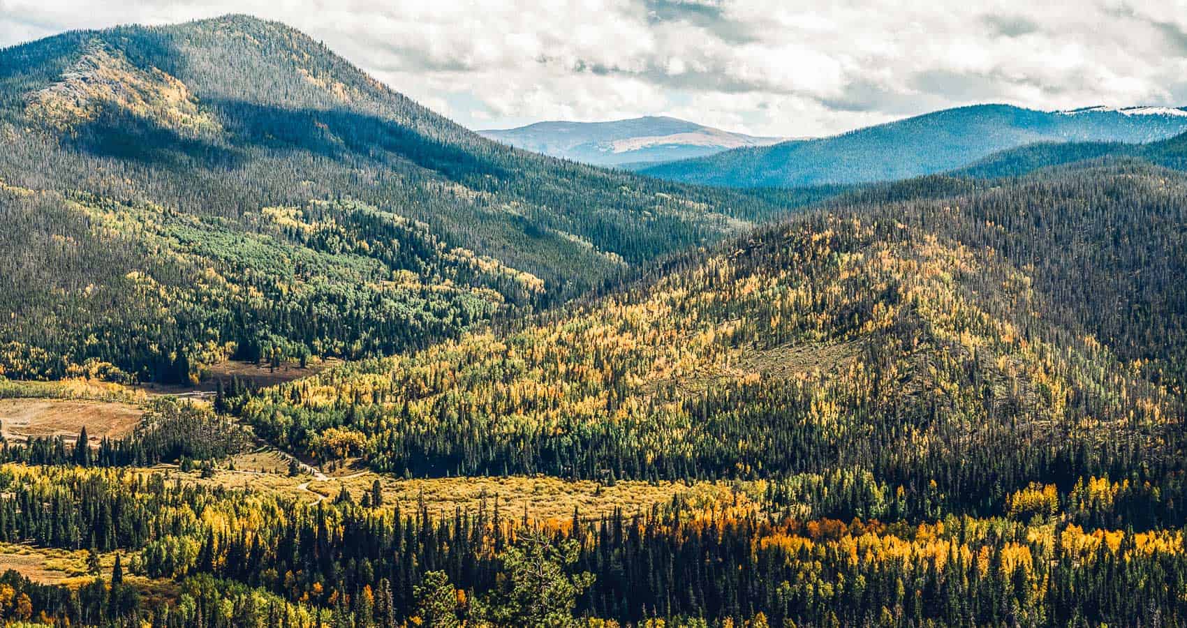 A view of a valley with trees and mountains in the fall.