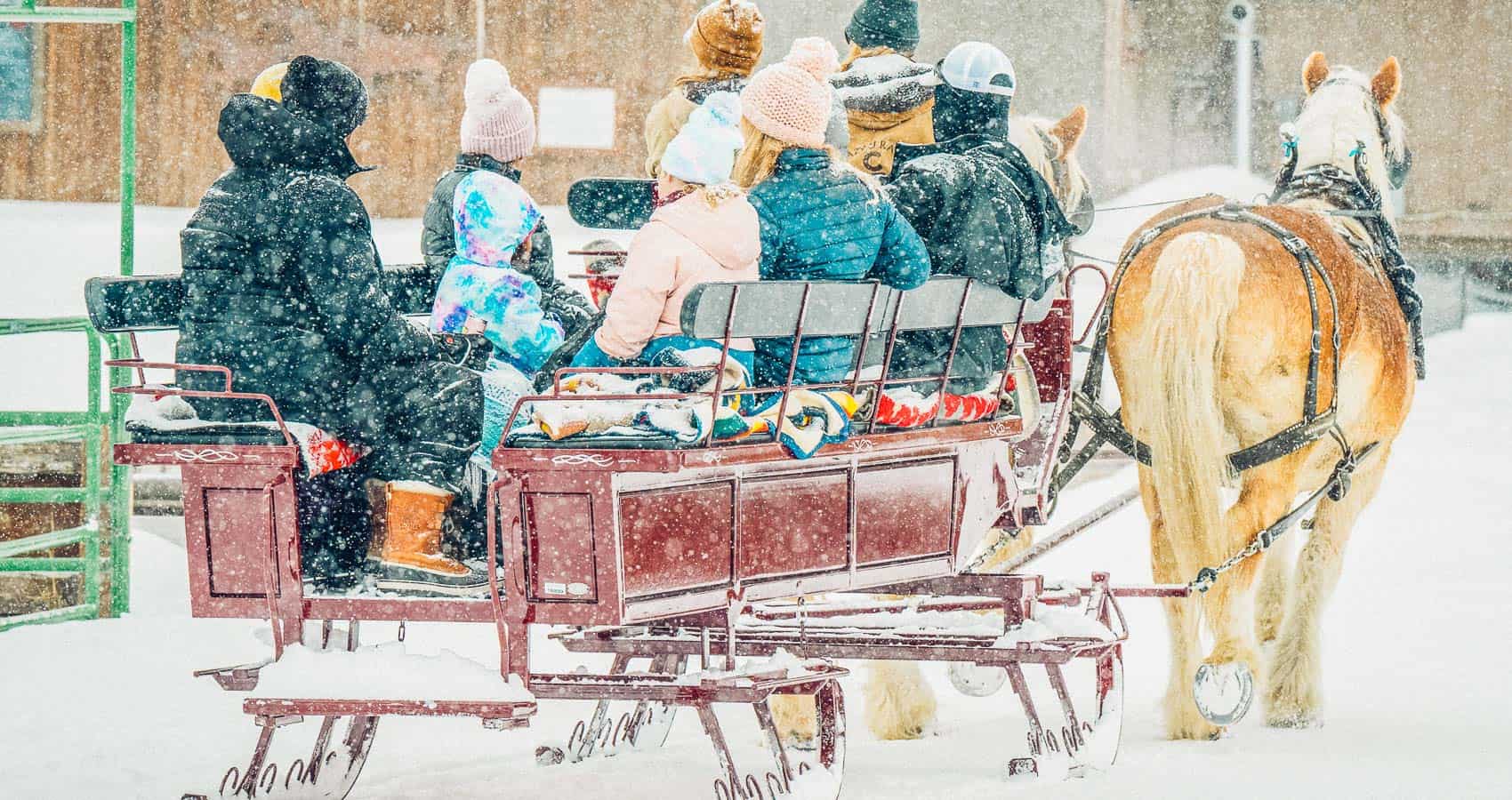 A group of people riding a horse drawn sleigh in the snow.