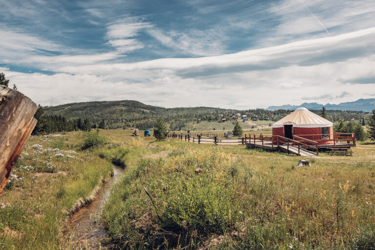 A yurt in the middle of a grassy field.