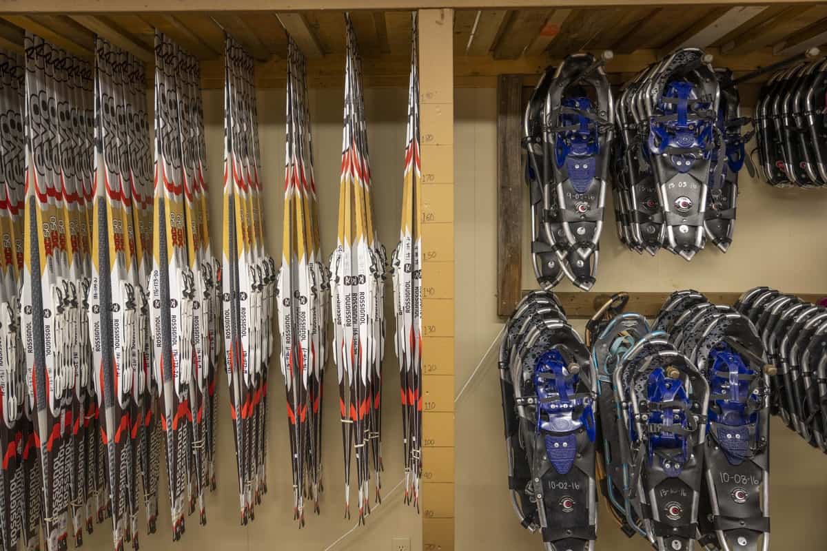 Snowshoes and cross-country skis hanging on a wooden rack in a ski shop.