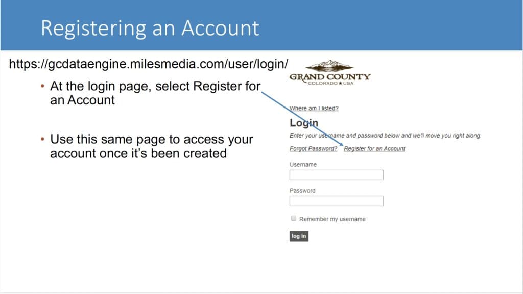 Directions on How to Register An Account on the Grand County Colorado Tourism Board Data Engine