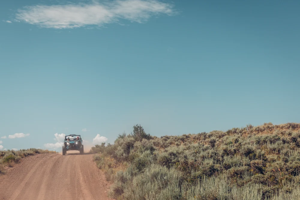 A vehicle drives along a dirt road surrounded by low bushes under a clear blue sky with a few clouds.